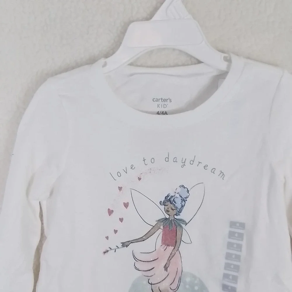 Carter's Kid Long‎ Sleeve Cotton T-Shirt Girl's Size 4 White w/ Fairy Theme